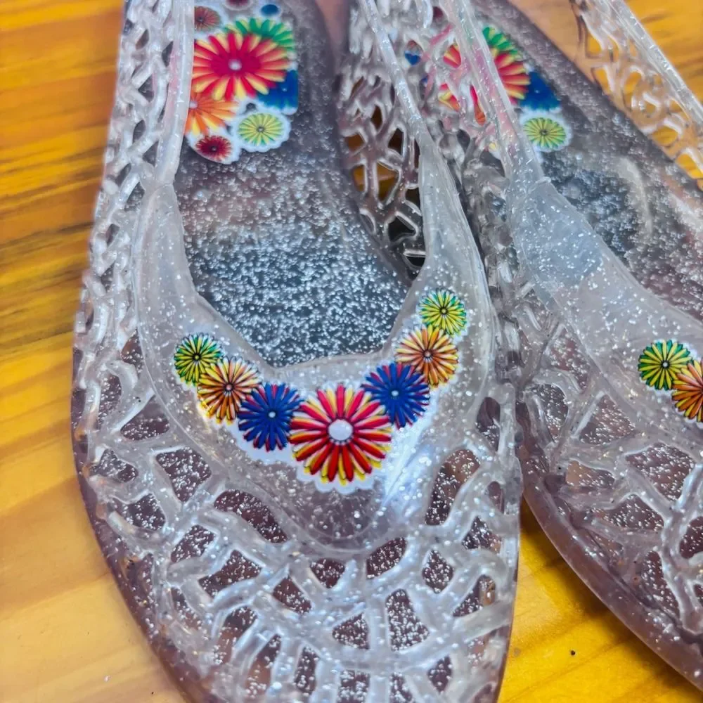 VTG‎ Y2K Grendene Jelly Flats Sparkle Flower Accent Shoes Girls Sz 13 Brazil